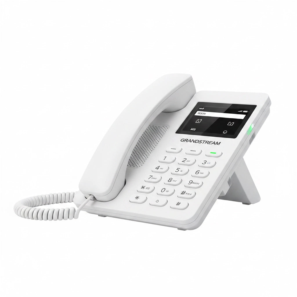Grandstream GHP620 White IP Hotel Phone on Desktop Stand Side Angle View
