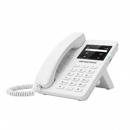 Grandstream GHP620W hotel IP phone on desktop stand showing display and keypad
