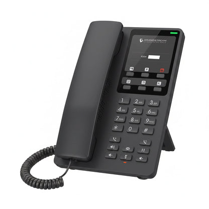 Grandstream GHP621 black hospitality IP phone angled side view showing ergonomic design and adjustable stand