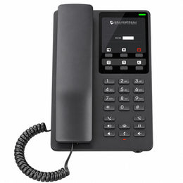 Grandstream GHP621 black hospitality IP phone front view with HD audio handset and programmable keys