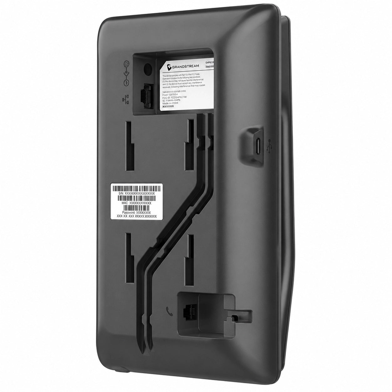 Grandstream GHP621 black hotel IP phone rear angled view showing wall mount design and connectivity ports
