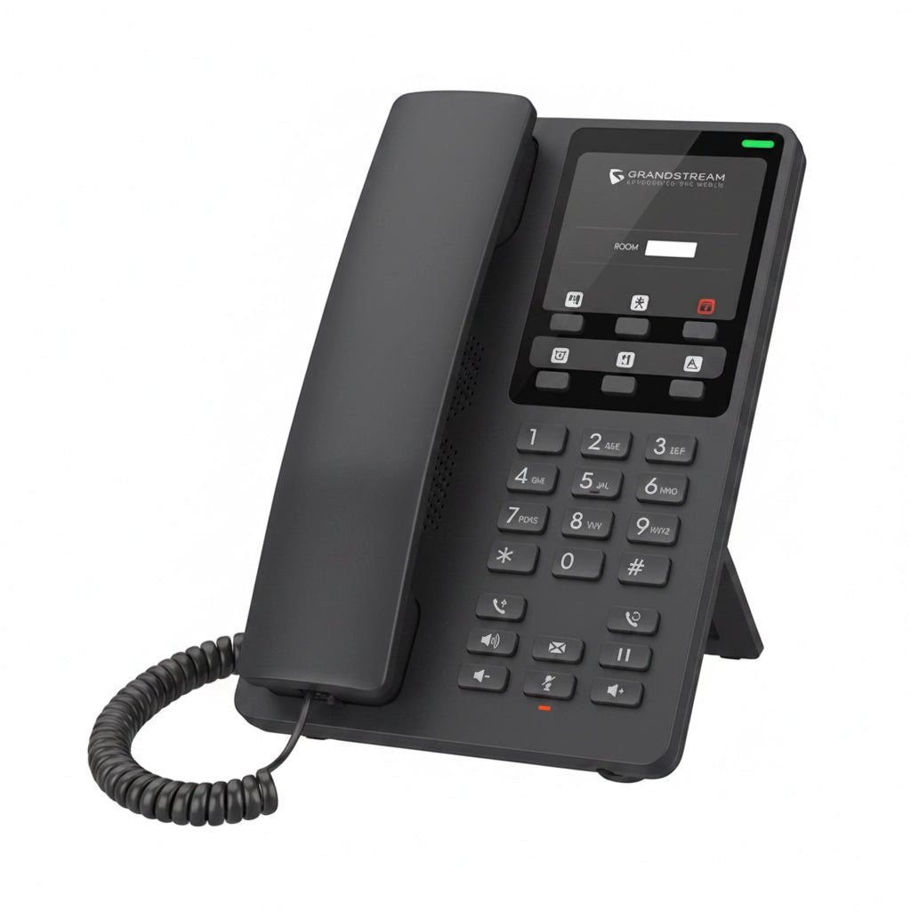 Grandstream GHP621W Black compact IP phone angled view showcasing display, keypad and desktop stand