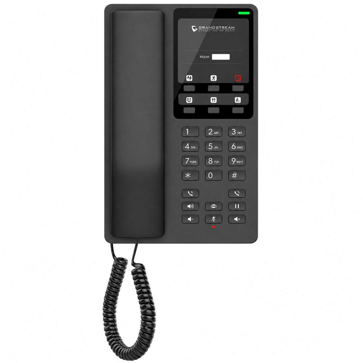 Grandstream GHP621W Black SIP IP phone full front view with HD display, keypad and corded handset