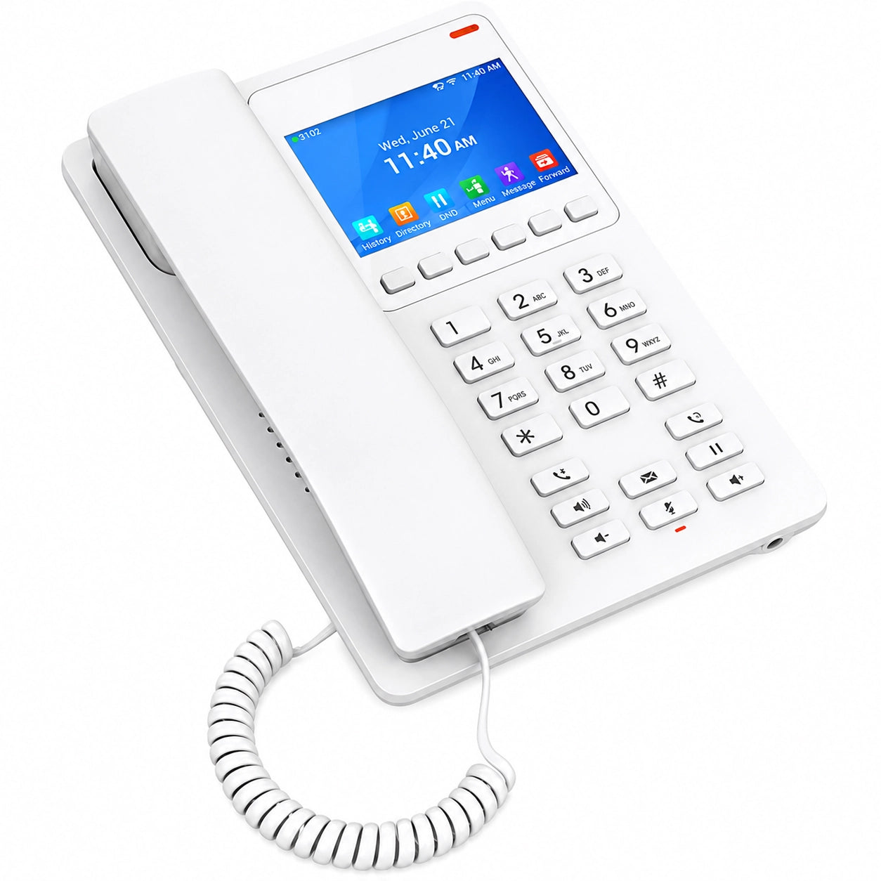 Left angled view of Grandstream GHP630 hospitality VoIP phone with 3.5-inch color display