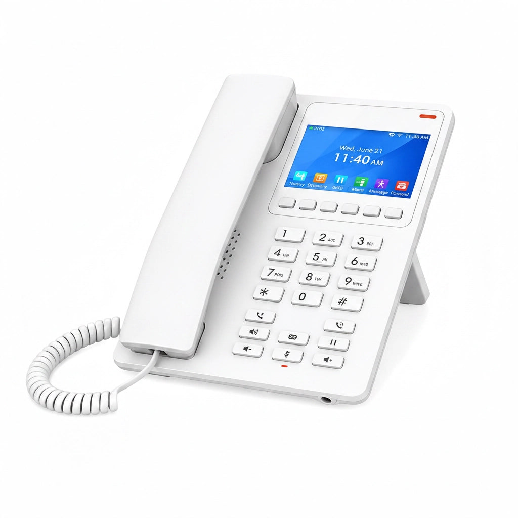 Angled view of Grandstream GHP630 white hotel IP phone featuring color LCD display and HD audio