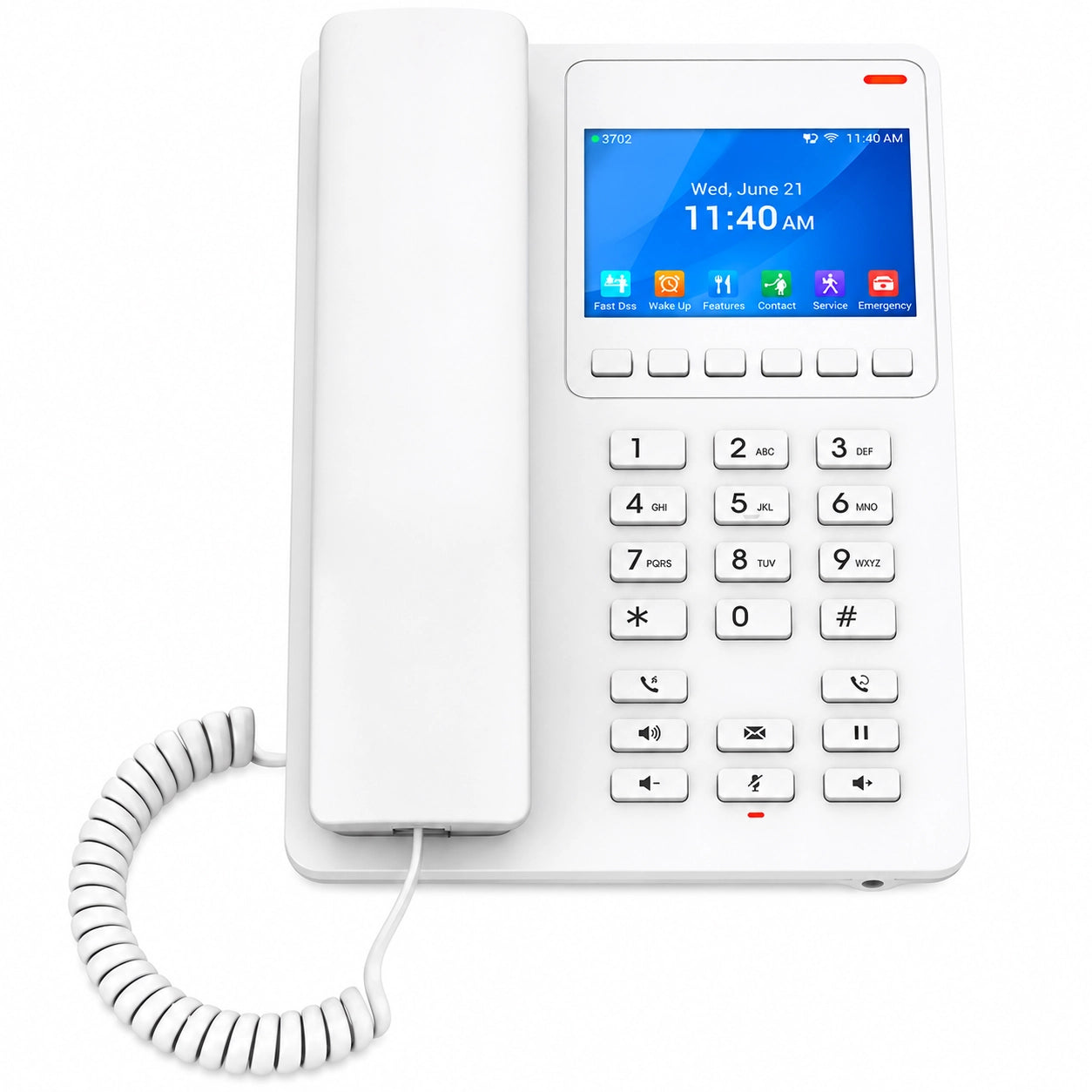 Front view of Grandstream GHP630 white hotel IP phone with color LCD display and programmable keys