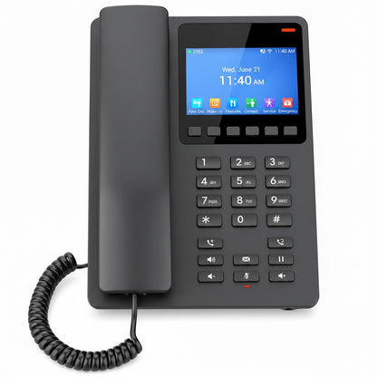 Grandstream GHP631 black hotel phone front left view with color LCD and dedicated function keys