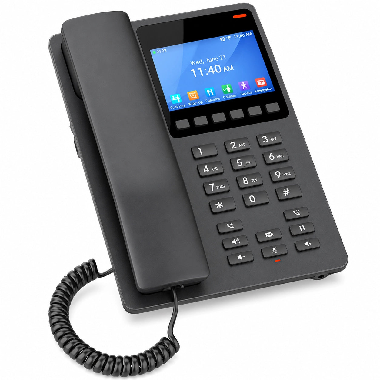 Grandstream GHP631W hospitality IP phone angled view featuring color screen and programmable keys