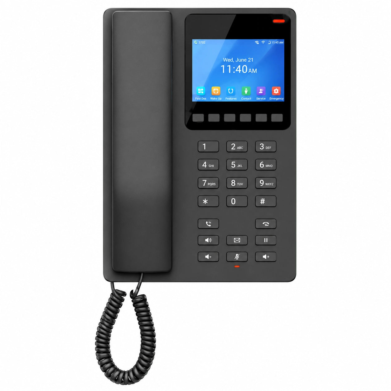 Grandstream GHP631W black hotel IP phone front view with color display and Wi-Fi connectivity