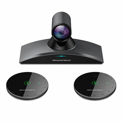 Grandstream GMD1208 wireless conference microphone shown with Grandstream video conferencing camera system for meeting room audio setup