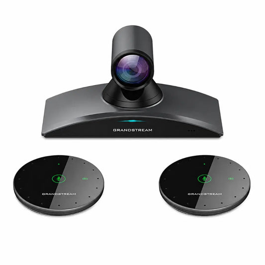 Grandstream GMD1208 wireless conference microphone shown with Grandstream video conferencing camera system for meeting room audio setup