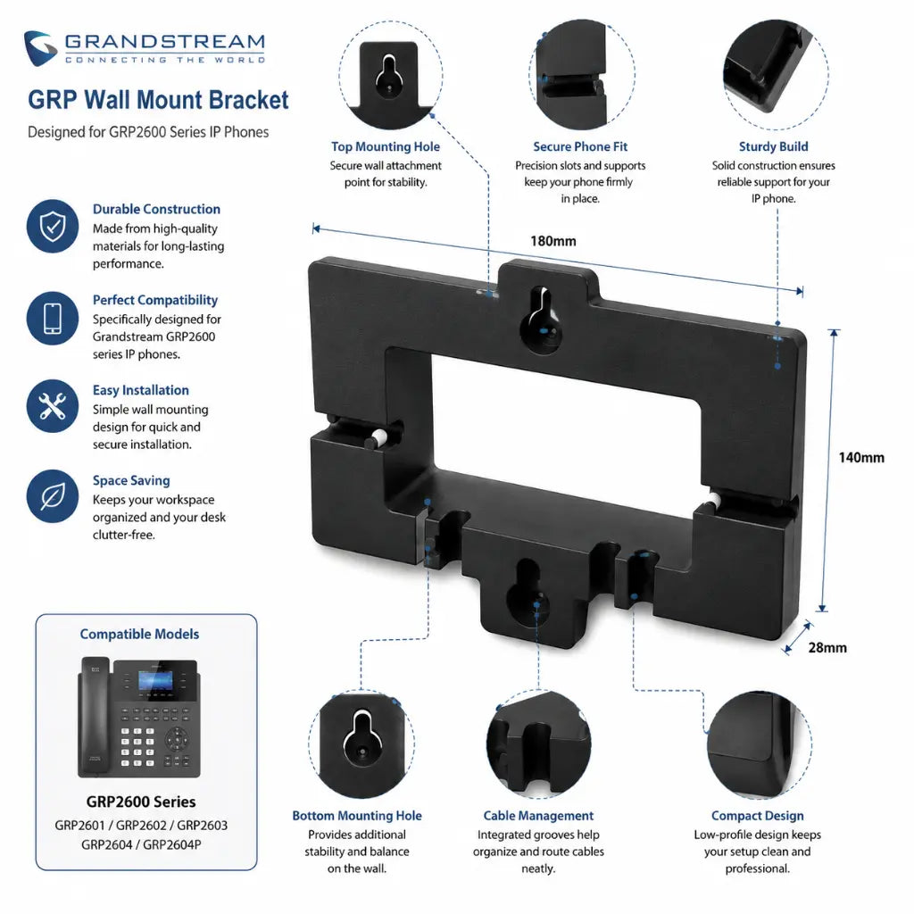 Grandstream GRP_WM_A wall mount bracket dimensions compatibility and installation features for GRP2600 series IP phones