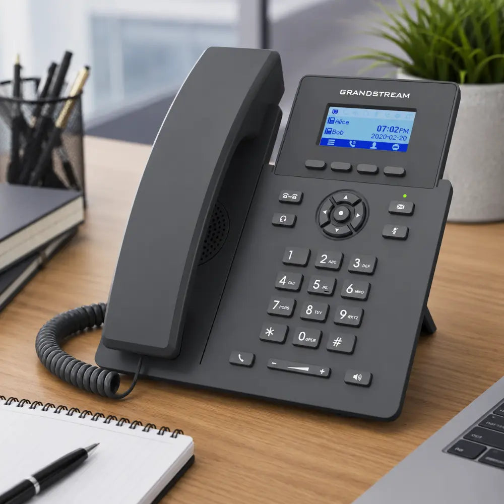 Grandstream GRP2601W business IP phone on office desk with LCD display for VoIP communication and office telephony