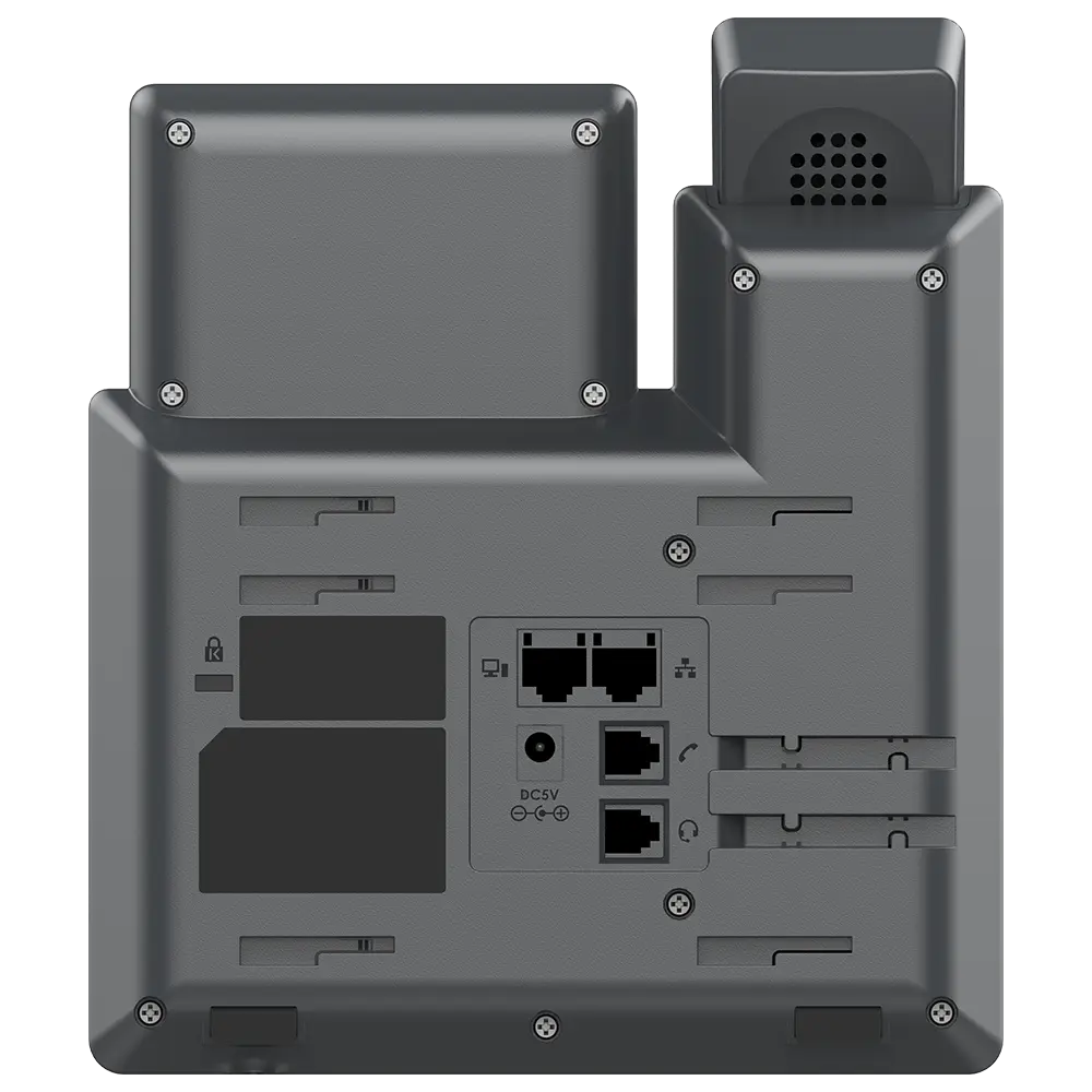 Grandstream GRP2601W IP phone rear view showing network ports, handset connections and desktop mounting design