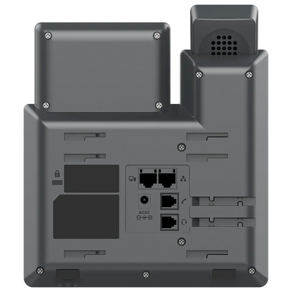 Grandstream GRP2601W IP phone rear view showing network ports, handset connections and desktop mounting design