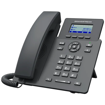 Grandstream GRP2601W VoIP desk phone left angle view with LCD display and numeric keypad for business communication