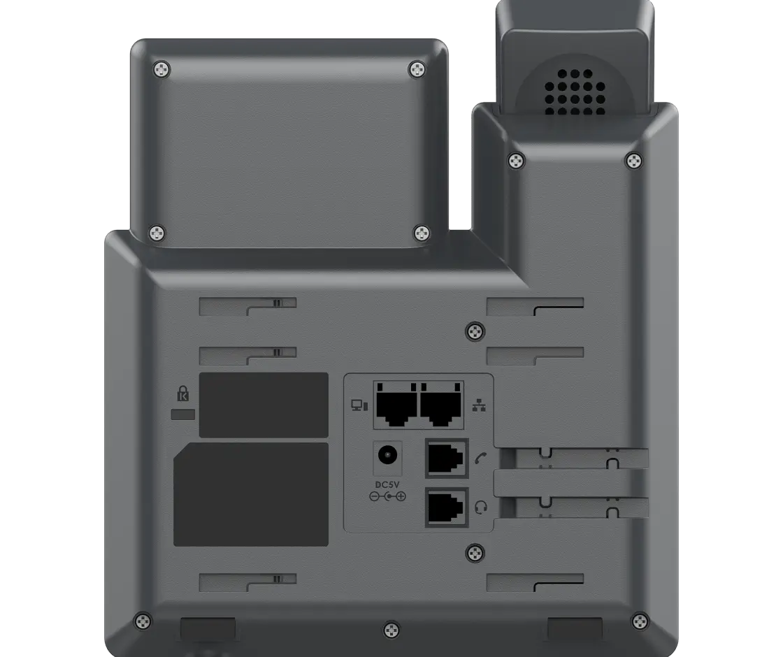 Rear view of Grandstream GRP2602G IP phone showing Ethernet ports, handset connections, and PoE-enabled network interfaces.