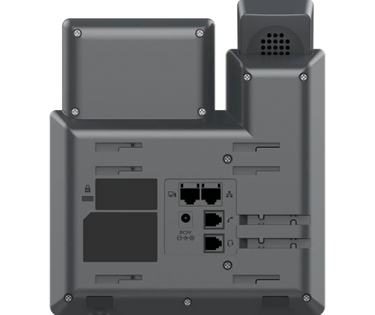 Rear view of Grandstream GRP2602G IP phone showing Ethernet ports, handset connections, and PoE-enabled network interfaces.