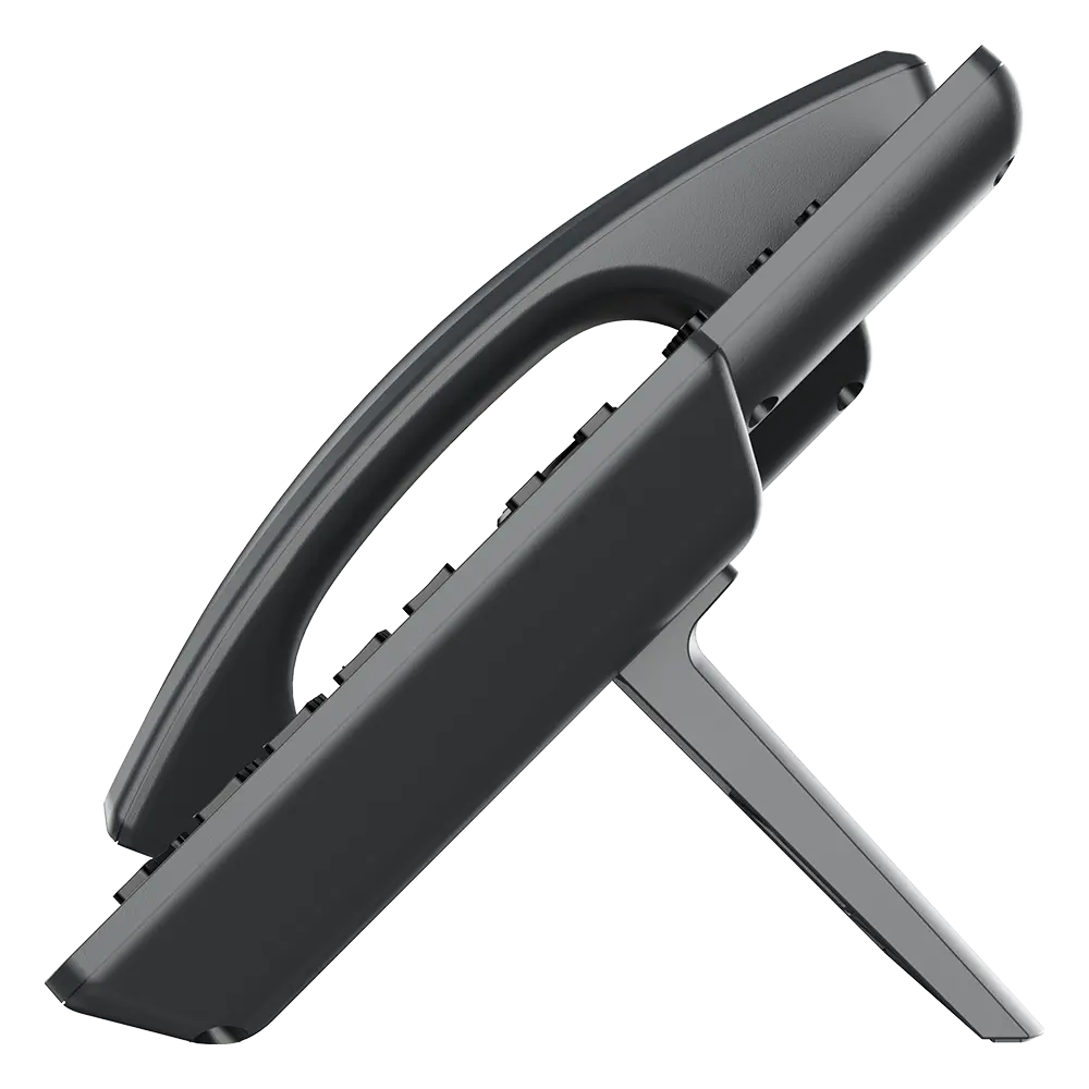 Side profile of Grandstream GRP2602G business VoIP phone displaying ergonomic design and adjustable desktop stand.