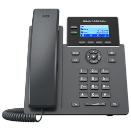 Front view of Grandstream GRP2602G business IP phone featuring 2-line support, HD audio, LCD display, and PoE connectivity.