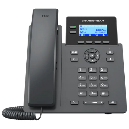 Front view of Grandstream GRP2602G business IP phone featuring 2-line support, HD audio, LCD display, and PoE connectivity.