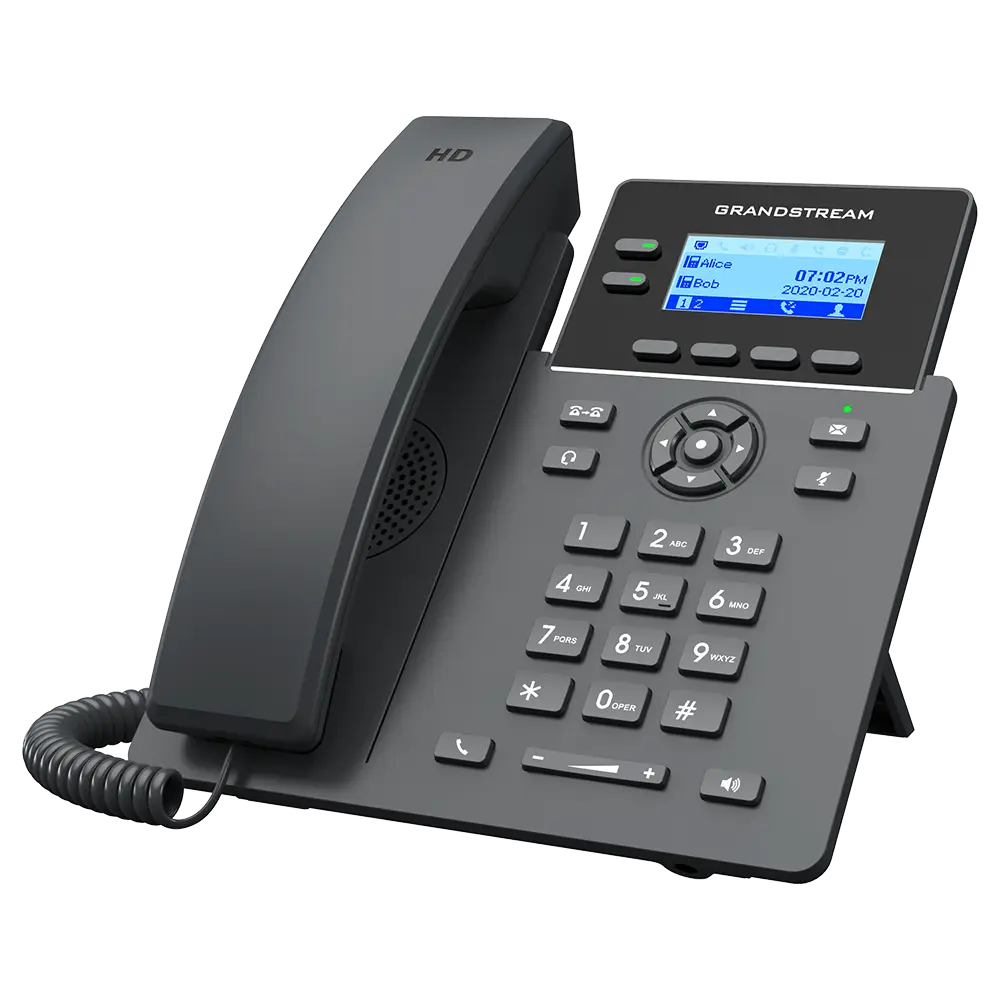 Angled view of Grandstream GRP2602G VoIP phone with graphical LCD screen, HD voice technology, and enterprise communication features.
