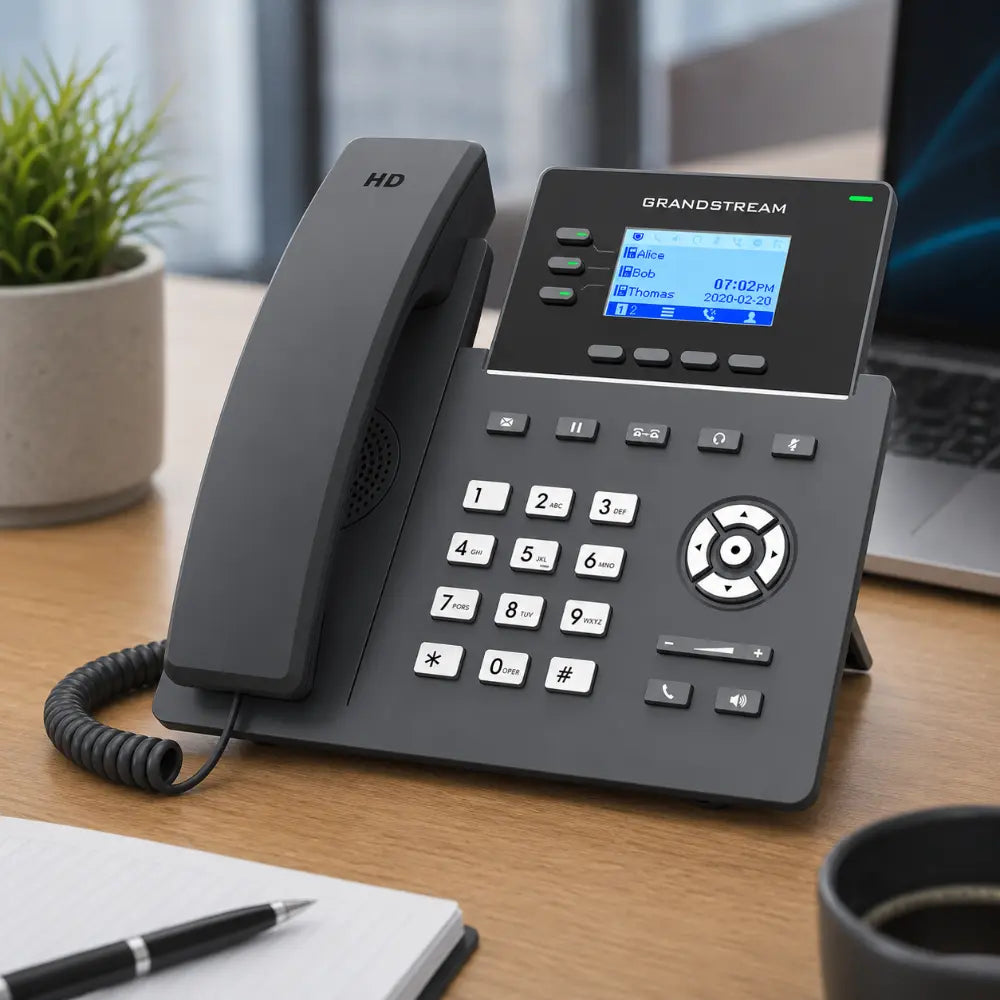 Grandstream GRP2603 3-line IP phone with HD audio displayed on an office desk for business VoIP communication