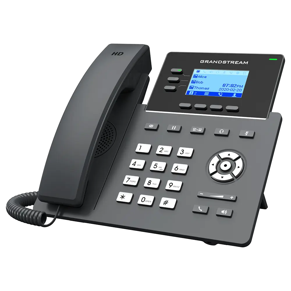 Angled view of Grandstream GRP2603 business VoIP IP phone with backlit LCD display and navigation keys