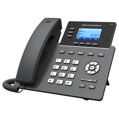 Angled view of Grandstream GRP2603 business VoIP IP phone with backlit LCD display and navigation keys