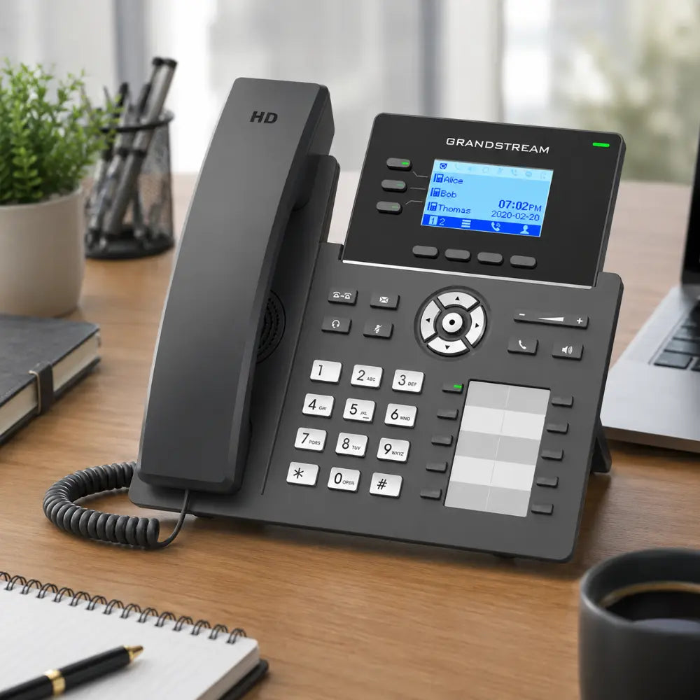 Grandstream GRP2604 HD VoIP IP phone on office desk workstation for professional business communication