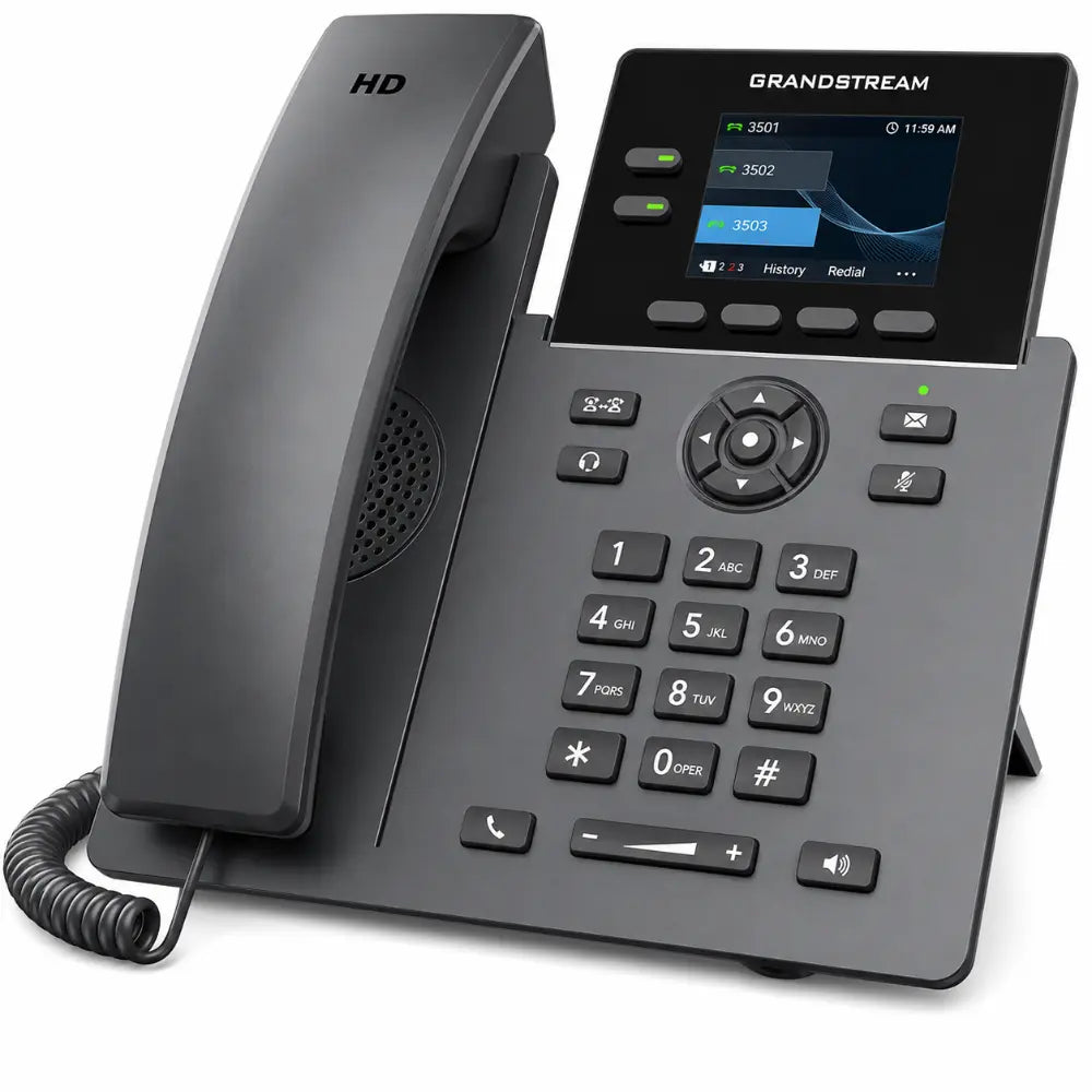 Grandstream GRP2610 business VoIP IP phone angled view with color display and navigation keys