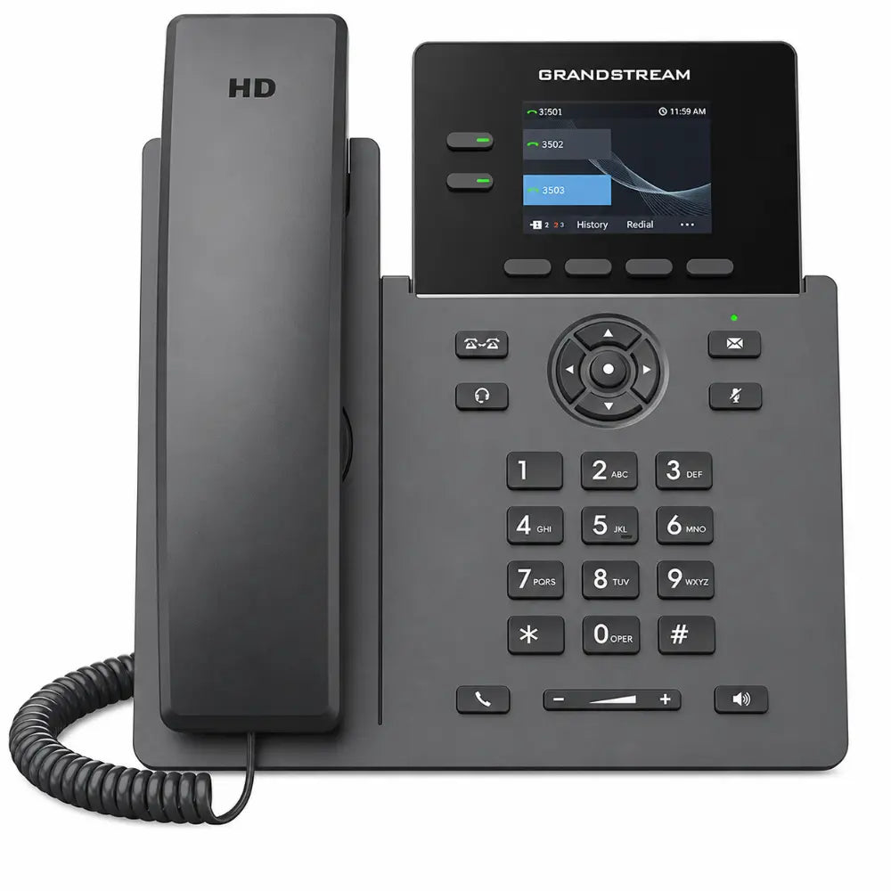 Grandstream GRP2610 professional IP phone front view with HD audio display and 2-line SIP support