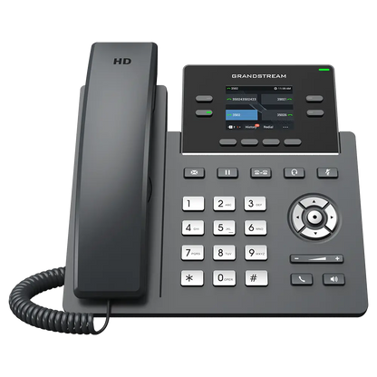 Front view of Grandstream GRP2612G IP phone featuring color LCD display, HD voice and Power over Ethernet support
