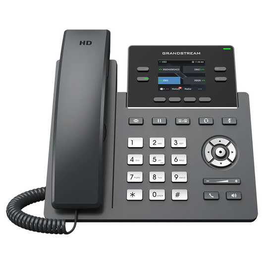 Front view of Grandstream GRP2612G IP phone featuring color LCD display, HD voice and Power over Ethernet support