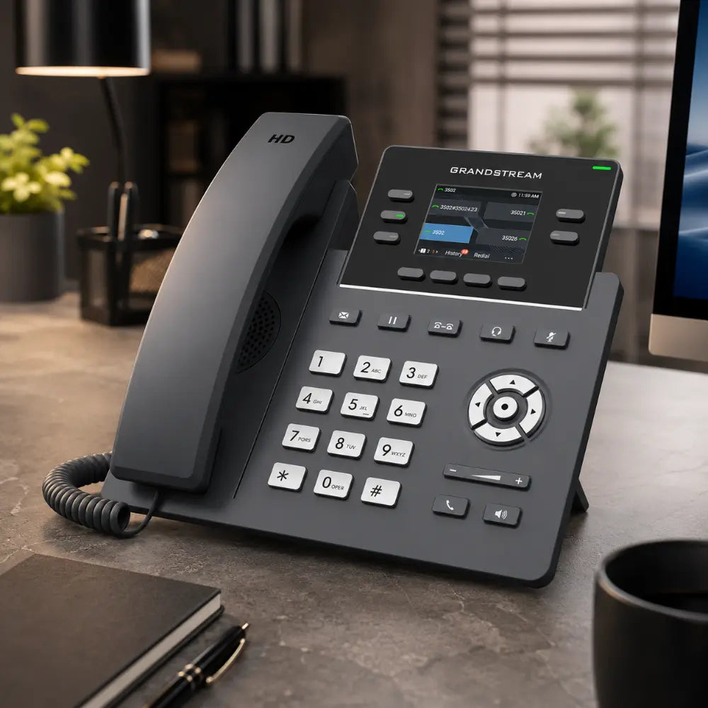 Grandstream GRP2612G professional VoIP desk phone in office environment with HD voice quality and business calling features