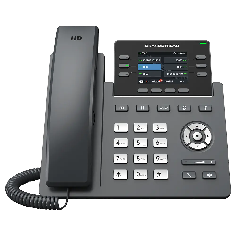 Front view of Grandstream GRP2613W business IP phone featuring color LCD display, programmable keys, HD audio, and VoIP communication support.