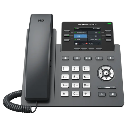 Front view of Grandstream GRP2613W business IP phone featuring color LCD display, programmable keys, HD audio, and VoIP communication support.