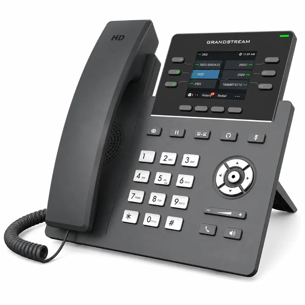 Grandstream GRP2613W VoIP phone left angle view with HD handset, color screen, Wi-Fi 6 connectivity, and enterprise communication features.
