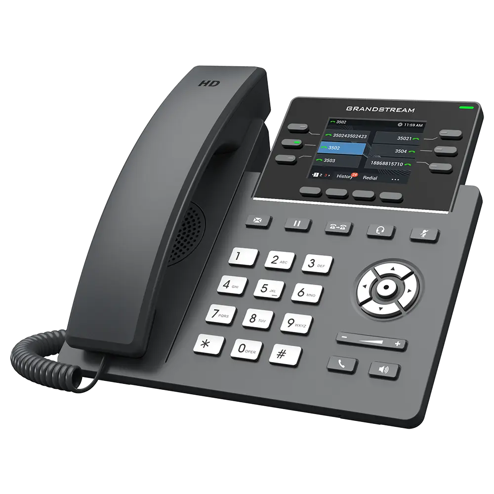 Grandstream GRP2613W professional IP phone with Wi-Fi 6, Bluetooth, HD audio, color display, and Gigabit Ethernet ports angled product view.