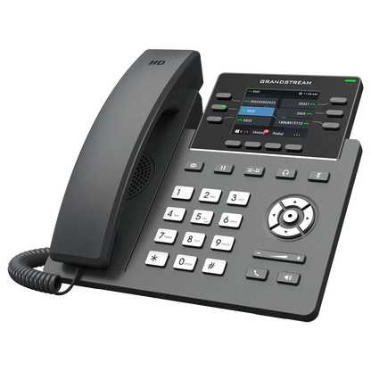 Grandstream GRP2613W professional IP phone with Wi-Fi 6, Bluetooth, HD audio, color display, and Gigabit Ethernet ports angled product view.