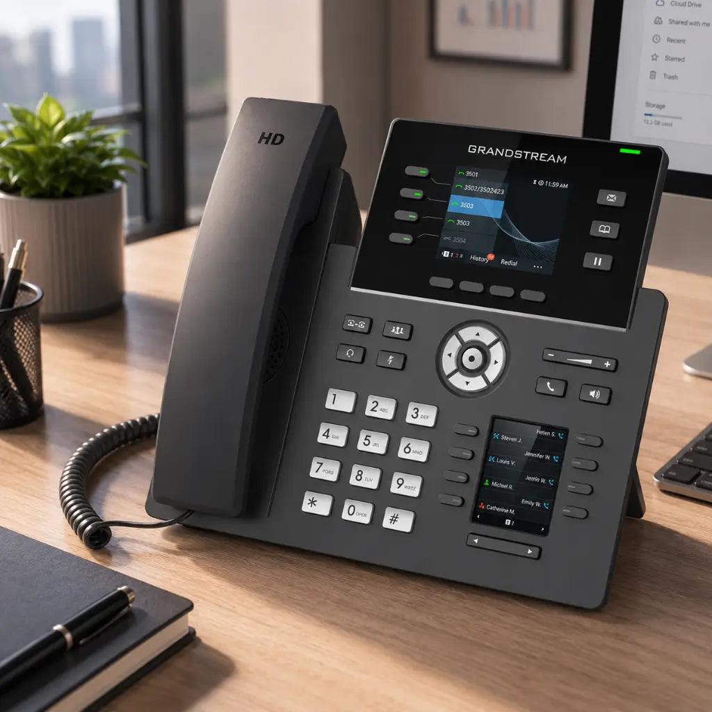 Angled view of Grandstream GRP2614 business VoIP IP phone featuring color display, programmable keys, HD audio, and enterprise communication capabilities.