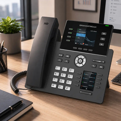 Angled view of Grandstream GRP2614 business VoIP IP phone featuring color display, programmable keys, HD audio, and enterprise communication capabilities.