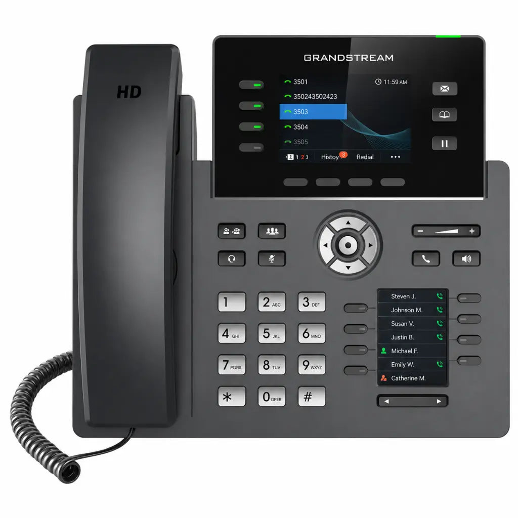 Front view of Grandstream GRP2614 enterprise IP phone featuring 4-line support, color LCD display, programmable keys, and Gigabit network connectivity.