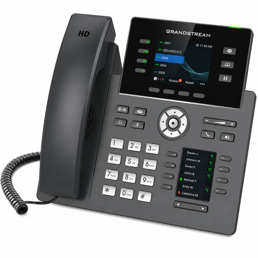 Left angle view of Grandstream GRP2614 professional SIP IP phone with dual color displays, programmable keys, and HD voice communication support.