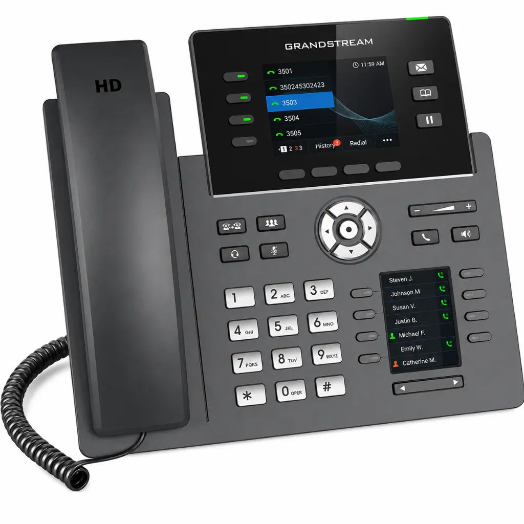 Right angle view of Grandstream GRP2614 SIP VoIP phone with HD audio, multi-line functionality, programmable contacts display, and business communication features.