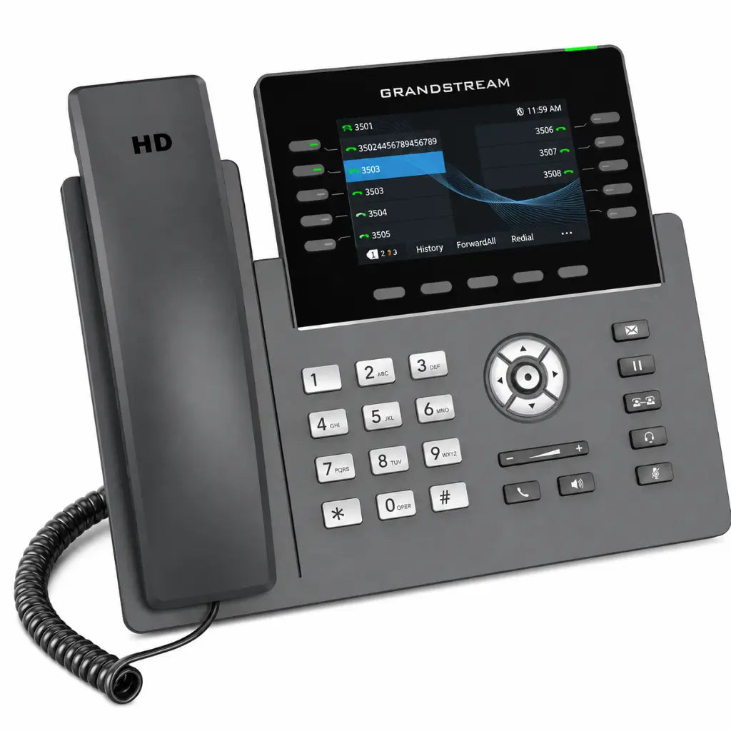 Angled view of Grandstream GRP2615 business VoIP phone featuring color display, HD audio and professional SIP communication capabilities.