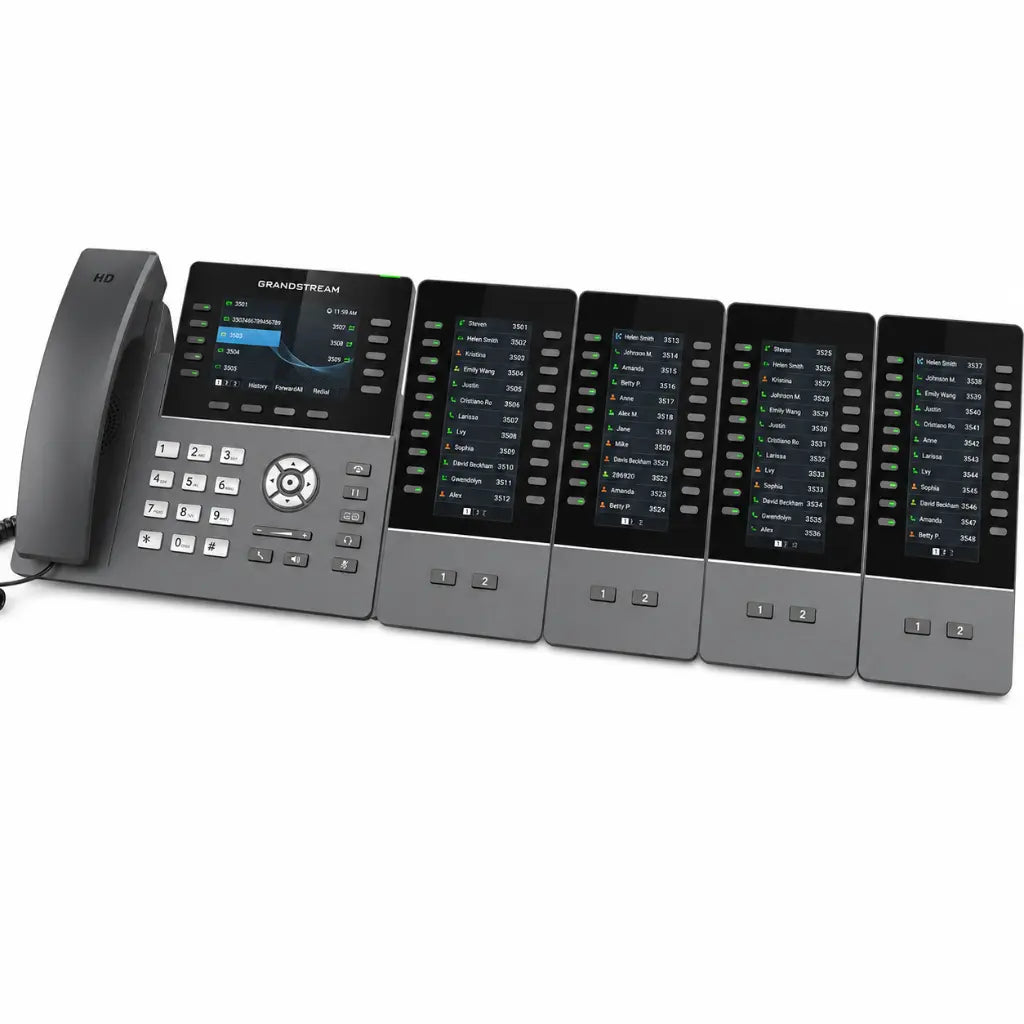 Grandstream GRP2615 enterprise IP phone with multiple expansion modules for advanced call handling, monitoring and receptionist operations.