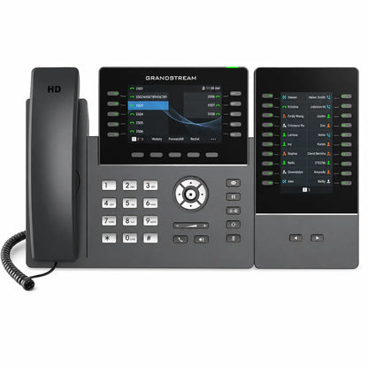 Grandstream GRP2615 IP phone connected to extension module providing additional BLF and speed dial keys for high call volume environments.