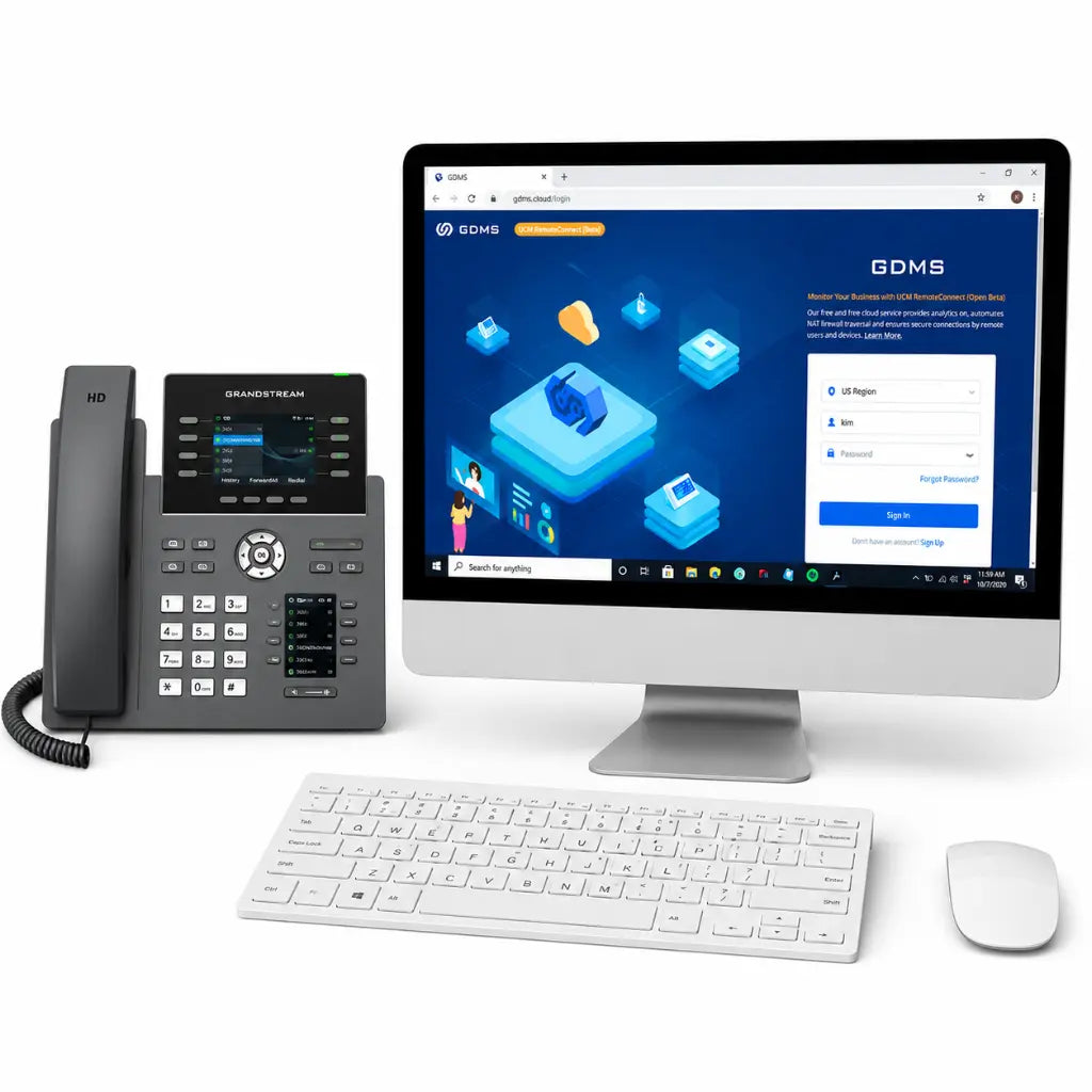 Grandstream GRP2615 IP phone with Grandstream Device Management System (GDMS) for centralized provisioning and remote management.