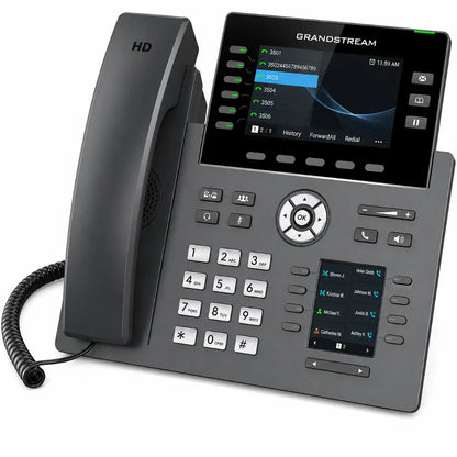 Angled view of Grandstream GRP2616 enterprise VoIP IP phone featuring dual displays and programmable keys